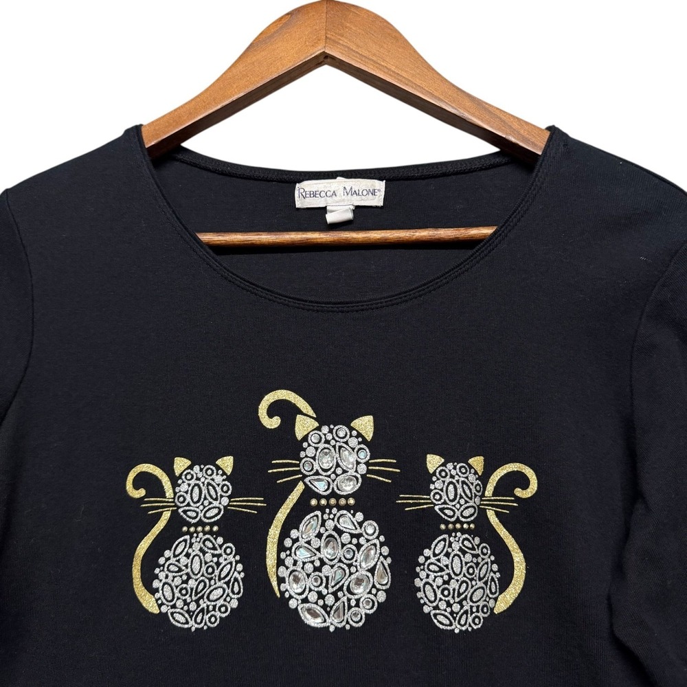 Womens M Top Tee Black Casual Cat Rhinestone 3/4 Sleeve Graphics Cat Lover Lady